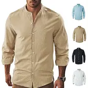 Men's Shirt Linen Shirt Casual Shirt Button Up Shirt Cotton Shirt Plain Vacation Hawaiian Black White Khaki Light Blue Long Sleeve Band Collar Spring Fall Clot