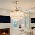42"Gold Crystal Invisible Ceiling Fan Light LED 3-Color Change Remote Chandelier