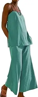 [codcm] Womens 2 Piece Outfits Cotton Linen Set Spaghetti Strap Cami Top and Wide Leg Pants Matching Sets