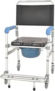 Height Adjustable Bedside Commode Chair 4 in 1 Folding Shower Chair Toilet w/4 Brake Wheels Waterproof Bathroom Transport Wheelchair for Elderly