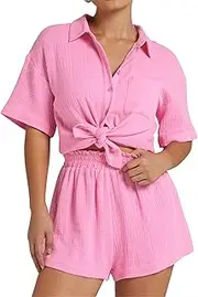 [Flygo] Womens Casual 2 Piece Outfits Cotton Linen Sets Button Down Shirt Shorts Resort Wear 2025 Pajama Beach Coverup Set(LightPink-XLarge)