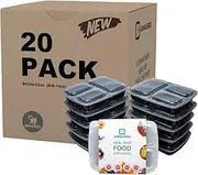 Jugglebox Reusable Meal Prep Containers - 20 Pack, 3 Compartment, Black, Stackable, Microwave/Freezer/Dishwasher Safe, Airtight, BPA-Free, 942ml