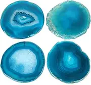 Blue Agate Coaster for Coffee Table, Set of 4 Natural Geode Coasters for Drink, 3.5-4" Stone Coaster Agate Decor for Housewarming Birthday Wedding Gift (Blue)
