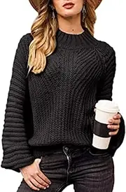 [BerryGo] Chunky Cable Knit Sweaters Cropped Lantern Sleeve Oversized Loose Mock Neck Pullover Sweater