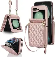 UYPTK for Samsung Galaxy Z Flip 6 5 4 3 Case Crossbody Lanyard Leather Zipper Wallet Cards Strap Holder Folding Cover,Rose Gold,for Galaxy Z Flip 5