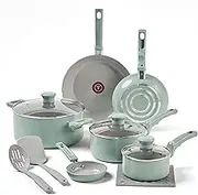 T-fal Ceramic Refresh, Ceramic Nonstick Cookware Set 12 Piece, Oven Broiler Safe 350F, Cookware, Kitchen Cooking Set w/Fry Pans, Saucepans, & Kitchen Utensils, Pots, Pans, Mint Green