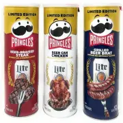Pringles MILLER LIGHT: 3 GRILLED BEER BRAT, STEAK, CHICKEN Crisps Chips LIMITED