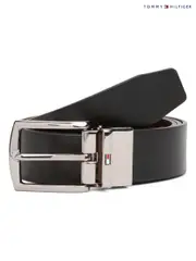 Tommy Hilfiger Black Denton Reversible Square Buckle Leather Belt (W59135) | $138