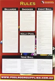 Pool Snooker Billiard Eight Ball Devils Pool American Pool Table RULE BOOK CHART POSTER
