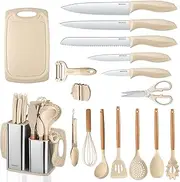 RAXCO 18Pieces Knife Sets for Kitchen with Block-7 Silicone Spaluta Set,6 Knife and Cutting Board Set,5 Kitchen Accessories(Khaki)