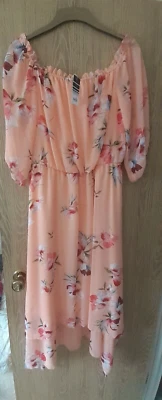 wallis chiffon midi dress 12 BRAND NEW PEACH FLORAL OFF THE SHOULDER