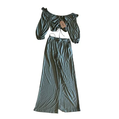 Listicle Olive Green Ruffle Two-Piece Set | Crop Top & Wide Leg Pants SZ SM