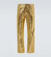 [Bottega Veneta] Bottega Veneta Intrecciato metallic leather straight pants UK 30 gold