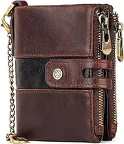 [aolaso] Mens Wallet with Chain RFID Blocking Genuine Leather Bifold Biker Wallet for Men Double Zipper Coin Pocket Purse with Double Anti-Theft Chain-coffee, Coffee, Fashion