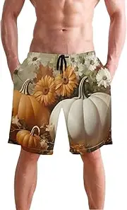 [XYMZR] Thanksgiving Pumpkin Floral Men's Swim Trunks Quick-Dry Bathing Suit Swimming Board Shorts S