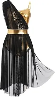 [ODASDO] Lyrical Dance Costumes for Women Cami Straps Metallic Mesh Tulle Flowy Leotard Dress for Recital Stage Performance