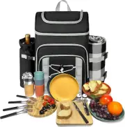 Picnic Basket Backpack for 4 Person with Blanket, Insulated Leakproof Cooler Com