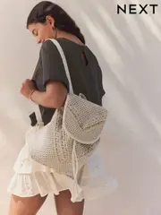 White 100% Cotton Macrame Beaded Rucksack (AP2436) | $90