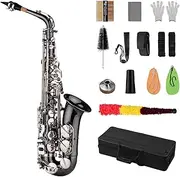 Professional Brass Bend Eb E-flat Alto Saxophone Sax Black Nickel Plating Abalone Shell Keys with Carrying Case Gloves Cleaning Cloth Straps Grease Brush QUKAN