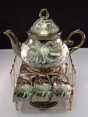 20 pcs Tea Set Pot 6 Cups 6 Saucers Rack Coffee CupGold 6 Spoons Party Gift Pc