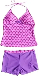 [TiaoBug] Two Piece Kids Girls Halter Polka Dots Tankini Tops with Pants Swimwear Swimsuit Set