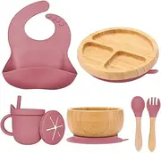 Baby Crockery Set Bamboo Children's Plate & Bowl & Silicone Spoon & Bib Water Cup Baby Food Set Free BPA (Pink)