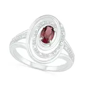 Oval Garnet and 0.07 CT. T.W. Natural Diamond Beaded Open Swirl Frame Triple Row Split Shank Ring in Sterling Silver