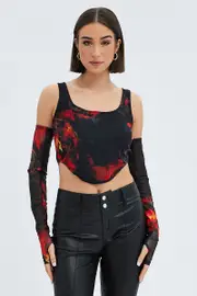 Multi Print Corset & Long Sleeve Set Scoop Neck Semi-Crop Mesh - Size M, Women's Top
