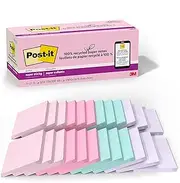 Post-it 100% Recycled Paper Super Sticky Notes, 2X The Sticking Power, 76 mm x 76 mm, 24 Pads/Pack, 70 Sheets/Pad, Wanderlust Pastels Collection