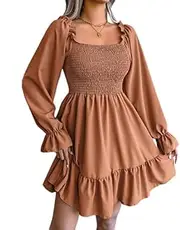 [Generic] Women's Long Sleeve Square Neck Dress Shirred Ruffle Hem Casual Dresses Mini Dress
