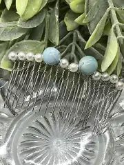 Formal Wedding Light Blue White Beaded Comb 3.5” metal Silver comb Accessories