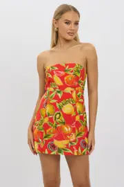 Red Abstract Strapless Mini Dress - Size 16XL, Women's Skater Dress