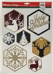 Holiday Merry Christmas Window Clings Glitter Reindeer Snowflakes Static Vinyl