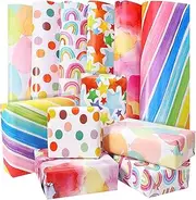 Gift Wrapping Paper,6Pcs Birthday Xmas Wrapping Paper Sheets Recyclable Gift Wrap with 2 Ropes, 1 Double-Side Tap, 1 Sticker, Christmas Wrapping Paper for Wedding Party Girls Boys baby showers(50 X 70cm)