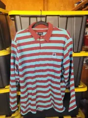 $75 Brixton Beta Rugby Long Sleeve Polo Shirt Brick Teal Striped Men's Size Med