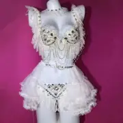 White Mesh Rhinestones Bikini Costume Female Bar Club DJ Singer Dance Outfit