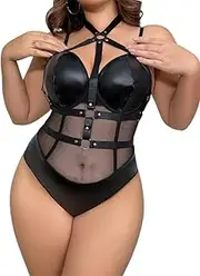 [DJG DIAL] Plus Size Sexy Lingerie Bodysuit Women Strappy Lingerie Slutty Onepiece Wet Look Mesh Bodysuit with Body Harness Date Night