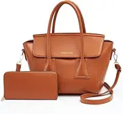 [FENGJINRUHUA] Women Designer Vintage Leather Tote Bags 2 Pcs Flap Bucket Top Handle Shoulder Crossbody Wallets Satchel Purse Bag Set