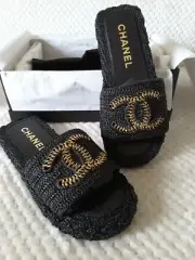 CHANEL 21S black cord mules gold CC logo 39 EUR size