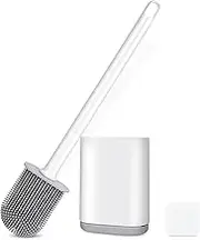 Silicone Toilet Brush-Soft Flat Toilet Brush with Holders, Cleaning Brushes Set for Bathroom,Flexible Toilet Bowl Brush Head with Silicone Bristles, Wall Mounting Leak Proof Slots Base White
