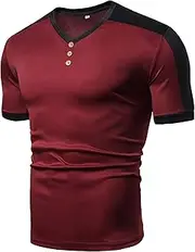 [Aosufei] Men's Color Matching Button V-Neck T-Shirt Slim Fit Cotton Lightweight T-Shirt Casual Short Sleeve Athletic T-Shirt