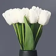 12PCS Artificial Tulips Flowers,Realistic and Real Touch Silk Tulips Bouquets for Table Decor Home Room Kitchen Cafe Office Party Wedding Gift Christmas and More Decor(White)