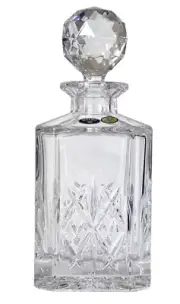 Crystal Glass Whiskey Brandy Cognac Decanter w/Etched Design & Round Top Bohemia