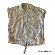 Old Navy Blouse Medium Blue And White Striped Linen Blend Tie Front Button Down