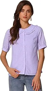 [Allegra K] Women's Peter Pan Collar Contrast Color Trim Gingham Button Up Blouse Shirt