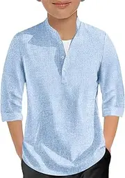 [Sunborui] Boys 3/4 Sleeve Linen Henley Shirts Summer Button Up Dress Shirts Casual Lightweight Tees Tops, 1-light Blue, 9 Years