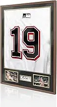 Jersey Frame Display Case, Wooden Sport Jersey Shadow Box with HD Plexiglas, Jersey Display with 2 Photos and 1 Signature for Hockey Baseball Basketball Soccer Shirt and Uniform, Rustic Brown