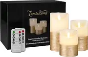 FLAMELESS Candles Battery Operated LED Flickering Flame with Remote & Timer | Amazing Realistic Dancing Flame | Real Wax Gold Trim | Set of 3 (Size 4"5"6") | Beautiful Gift Idea for Women and Men