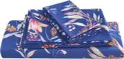 Navy Blue Floral Print Sheet Set King, Botanical Soft Microfiber Bedding Sheets