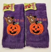 Pair 1998 Scooby Doo Purple Halloween Embroidered Fingertip Towels NWT